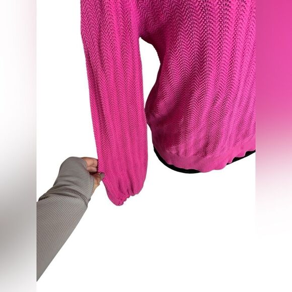 J.CREW BUBBLEGUM BARBIE PINK RUFFLE MOCK-NECK OPEN KNIT SWEATER SIZE LARGE - Picture 7 of 11